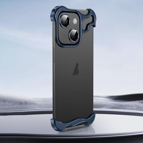 For iPhone 15 Frameless Metal Corner Pad Phone Case with Lens Film(Blue)