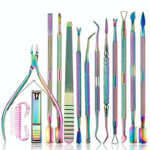 14 In 1 FABIYAN Color Titanium Nail Art Tool Set Dead Skin Shears Steel Push Nail File Pliers