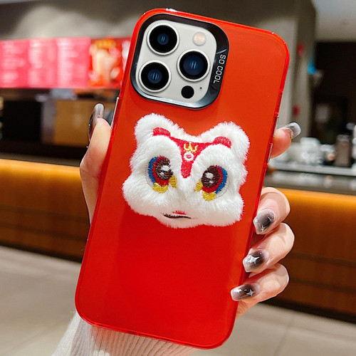 For iPhone 12 Pro Max New Year Lion Dance Plush Doll Phone Case(Red Back White Lion)