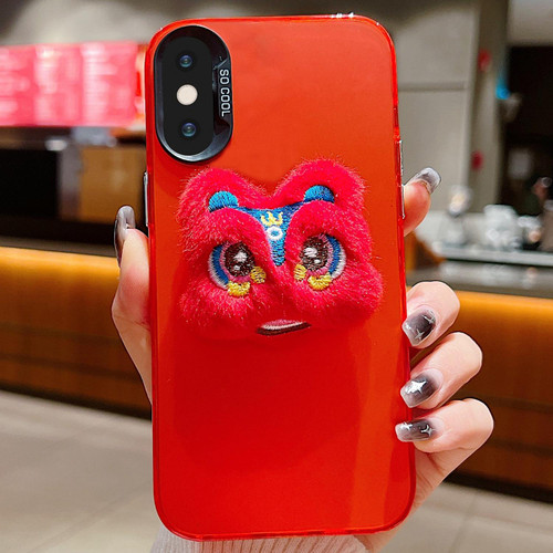 For iPhone X / XS New Year Lion Dance Plush Doll Phone Case(Red Back Red Lion)