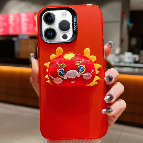For iPhone 14 Pro New Year Lion Dance Plush Doll Phone Case(Dragon)