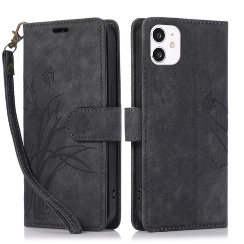 For iPhone 11 Orchid Butterfly Embossed Leather Phone Case(Black)