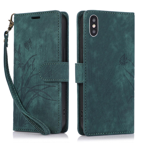 For iPhone X / XS Orchid Butterfly Embossed Leather Phone Case(Green)