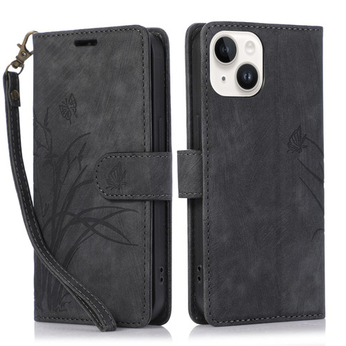 For iPhone 15 Orchid Butterfly Embossed Leather Phone Case(Black)