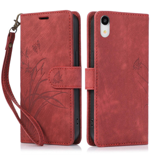 For iPhone XR Orchid Butterfly Embossed Leather Phone Case(Red)