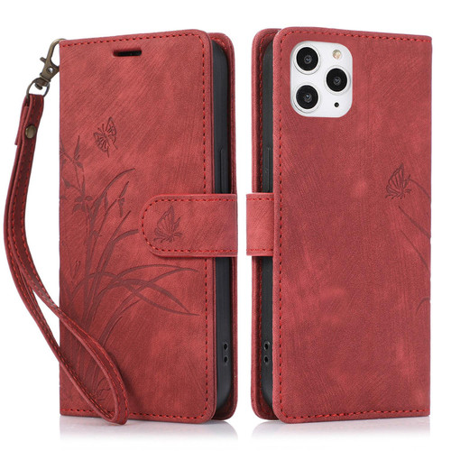 For iPhone 11 Pro Orchid Butterfly Embossed Leather Phone Case(Red)