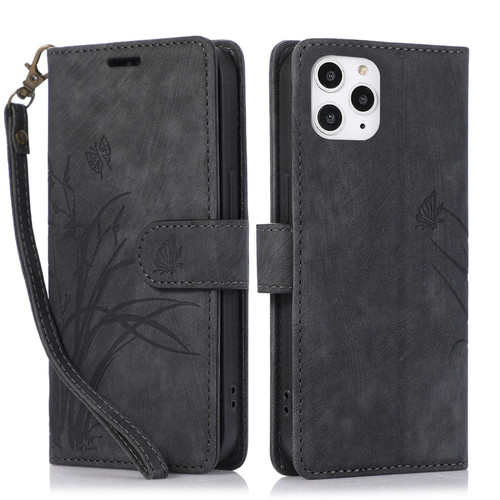 For iPhone 12 / 12 Pro Orchid Butterfly Embossed Leather Phone Case(Black)
