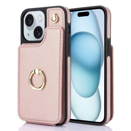 For iPhone 15 Plus YM005 Skin Feel Card Bag Phone Case with Long Lanyard(Rose Gold)