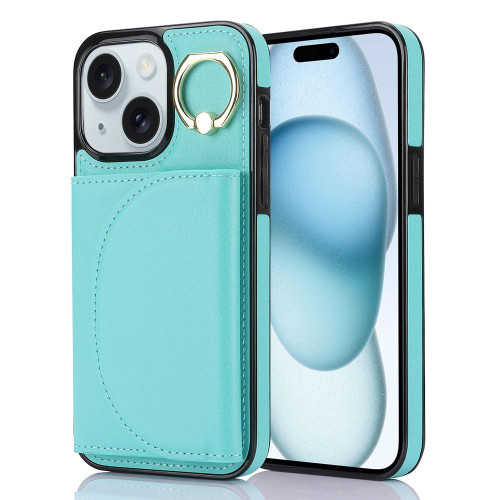 For iPhone 15 Plus YM006 Ring Holder Card Bag Skin Feel Phone Case(Green)
