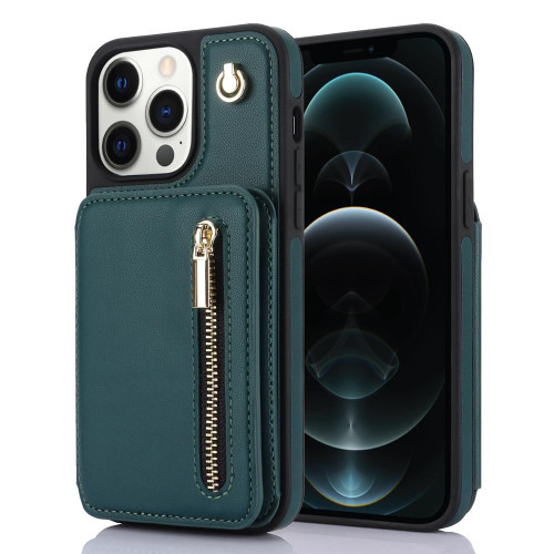 For iPhone 12 Pro Max YM006 Skin Feel Zipper Card Bag Phone Case with Dual Lanyard(Green)