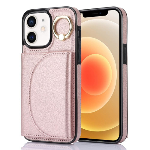 For iPhone 12 / 12 Pro YM006 Ring Holder Card Bag Skin Feel Phone Case(Rose Gold)