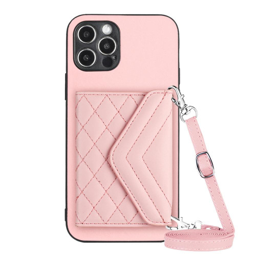 For iPhone 12 Pro Rhombic Texture Card Bag RFID Phone Case with Long Lanyard(Rose Gold)