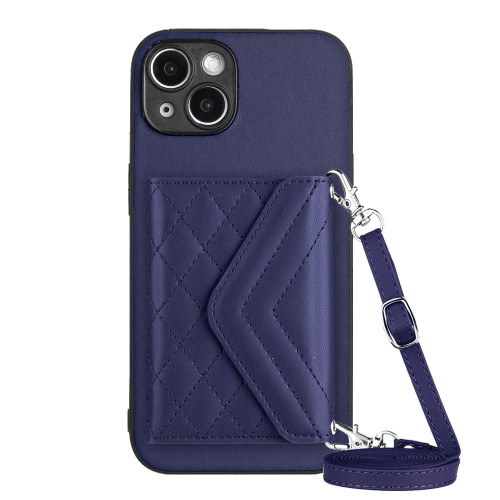 For iPhone 14 Plus Rhombic Texture Card Bag RFID Phone Case with Long Lanyard(Dark Purple)