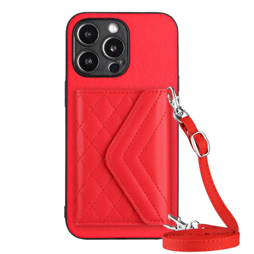 For iPhone 14 Pro Max Rhombic Texture Card Bag RFID Phone Case with Long Lanyard(Red)