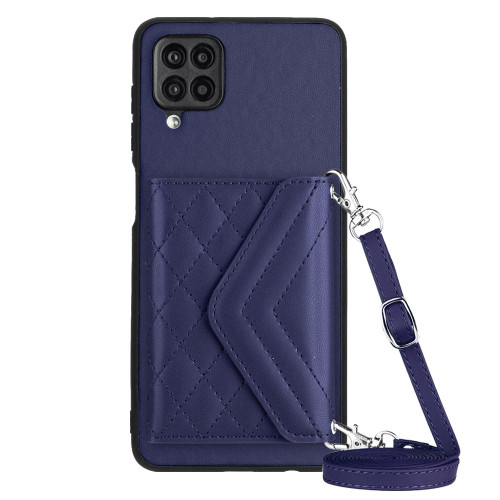 For Samsung Galaxy A12 Rhombic Texture Card Bag RFID Phone Case with Long Lanyard(Dark Purple)