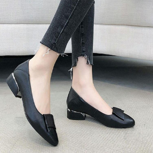 Spring And Summer Cowhide Shoes With Thick Heel Mid-Heel For Women, Size: 40(Black)