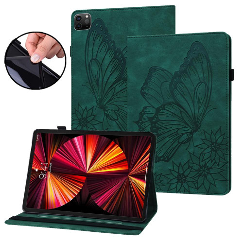 For iPad Pro 12.9 2022 / 2021 / 2020 Big Butterfly Embossed Leather Tablet Case(Green)