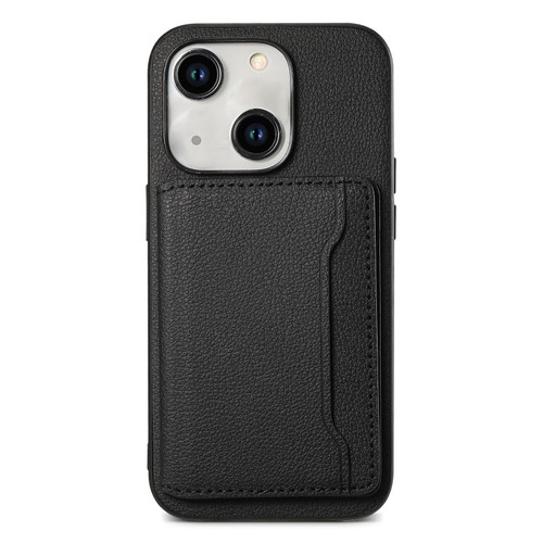 For iPhone 14 Plus Calf Texture Card Bag Design Full Coverage Phone Case(Black)