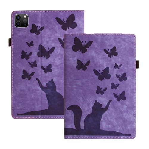 For iPad Pro 12.9 2022 / 2021 / 2020 Butterfly Cat Embossing Leather Tablet Case(Purple)