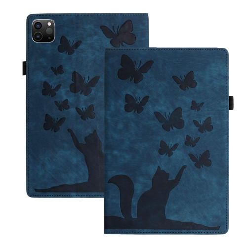 For iPad Pro 12.9 2022 / 2021 / 2020 Butterfly Cat Embossing Leather Tablet Case(Dark Blue)