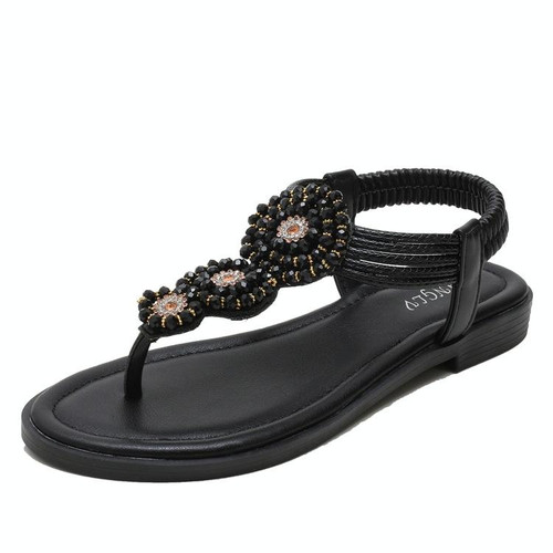 Ladies Summer Bohemian Roman Sandals Seaside Flat Beach Shoes, Size: 41(Black)