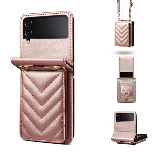 For Samsung Galaxy Z Flip3 Rhombic Folding Leather Phone Case with Long Lanyard(Rose Gold)