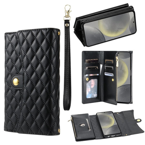 For Samsung Galaxy S22+ 5G Zipper Multi-Card Wallet Rhombic Leather Phone Case(Black)