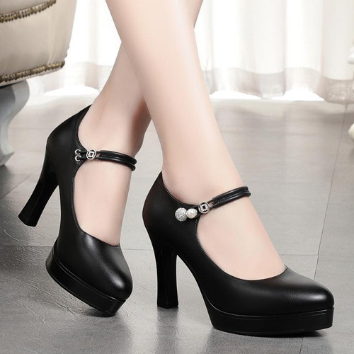 Women High Heels Comfortable Small Heel Temperament Waterproof Platform One Buckle Shoes, Size: 38(Black)