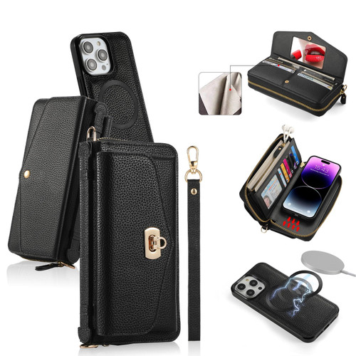For iPhone 14 Pro Max MagSafe Crossbody Multi-functional Zipper Wallet Litchi Leather Phone Case(Black)