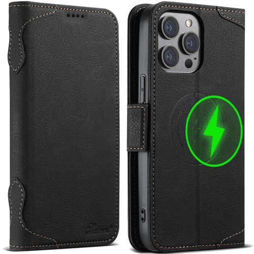 For iPhone 14 SUTENI J07 Multifunctional Horizontal Flip Magsafe Leather Phone Case(Black)