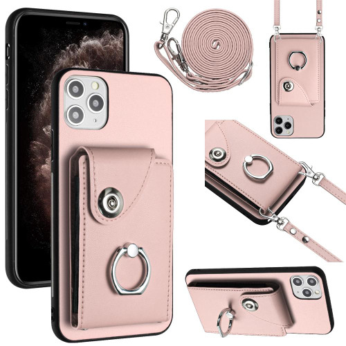 For iPhone 11 Pro Max Organ Card Bag Ring Holder Phone Case with Long Lanyard(Pink)
