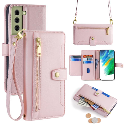 For Samsung Galaxy S21 FE 5G Sheep Texture Cross-body Zipper Wallet Leather Phone Case(Pink)