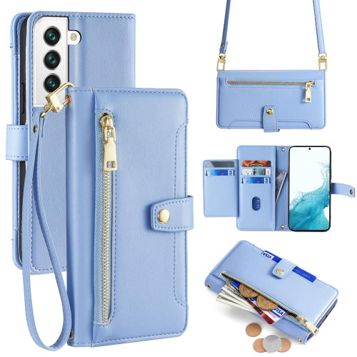 For Samsung Galaxy S22 5G Sheep Texture Cross-body Zipper Wallet Leather Phone Case(Blue)