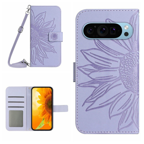 For Google Pixel 9 Pro Skin Feel Sun Flower Embossed Flip Leather Phone Case with Lanyard(Purple)
