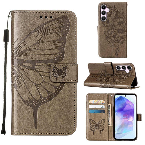 For Samsung Galaxy A55 Embossed Butterfly Leather Phone Case(Grey)