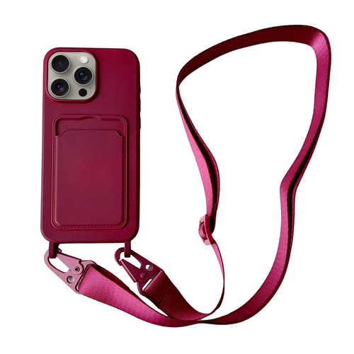 For iPhone 13 Pro Max Card Slot Liquid Silicone Phone Case with Lanyard(Wine Red)
