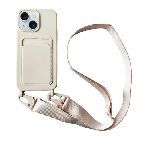For iPhone 13 Card Slot Liquid Silicone Phone Case with Lanyard(White)