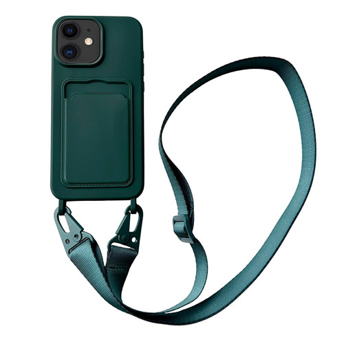 For iPhone 11 Card Slot Liquid Silicone Phone Case with Lanyard(Dark Green)