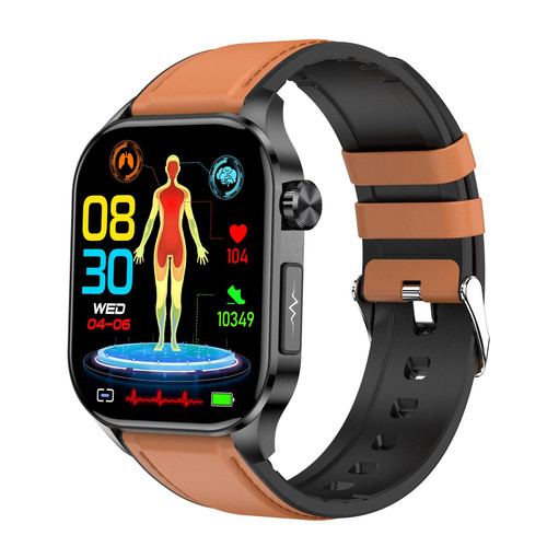 ET580 2.04 inch AMOLED Screen Sports Smart Watch Support Bluethooth Call /  ECG Function(Brown Leather Band)