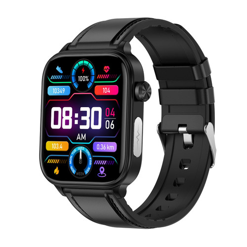 ET570 1.96 inch Color Screen Smart Watch Leather Strap, Support Bluetooth Call / ECG(Black)
