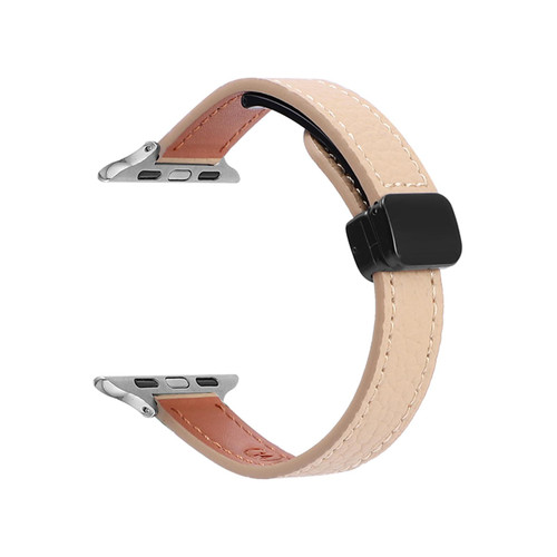For Apple Watch 38mm Slim Magnetic Buckle Genuine Leather Watch Band(Litchi Apricot) For Apple Watch 38mm Slim Magnetic Buckle Genuine Leather Watch Band(Litchi Apricot)