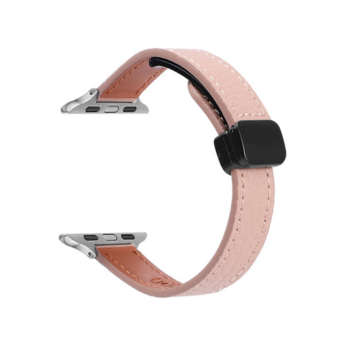 For Apple Watch SE 44mm Slim Magnetic Buckle Genuine Leather Watch Band(Litchi Pink) For Apple Watch SE 44mm Slim Magnetic Buckle Genuine Leather Watch Band(Litchi Pink)