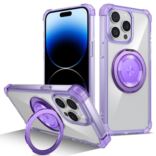 For iPhone 14 Pro Max Gold Shield CD Pattern MagSafe Magnetic Phone Case with Rotating Stand(Transparent Purple)