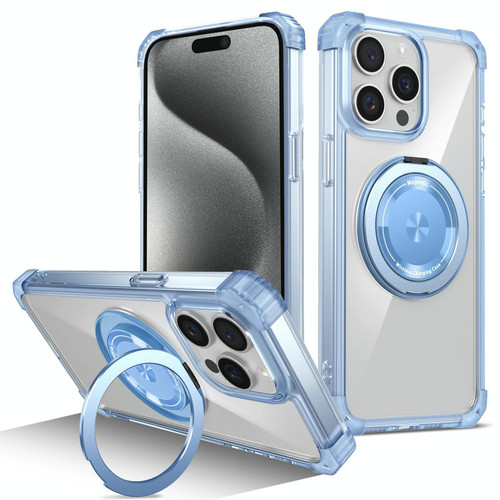 For iPhone 15 Pro Gold Shield CD Pattern MagSafe Magnetic Phone Case with Rotating Stand(Transparent Blue)