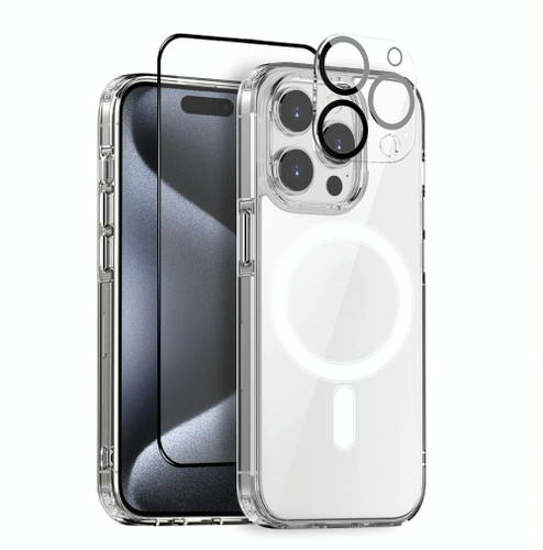 For iPhone 15 Pro Max NORTHJO 3 in 1 Magsafe Clear Phone Case with Screen Film + Rear Lens Film