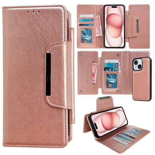 For iPhone 15 Plus Multifunctional 7-Card Wallet Leather Phone Case(Rose Gold)