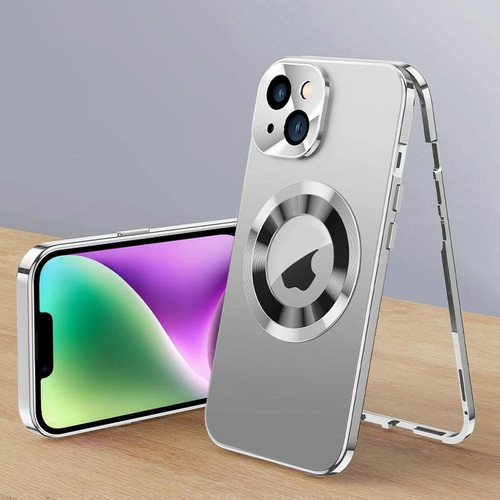 For iPhone 14 Magnetic HD Tempered Glass Phone Case(Silver)