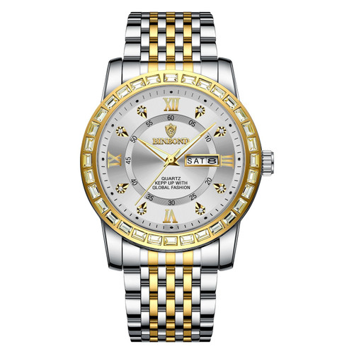 BINBOND B2202 Diamond Dual-calendar Luminous Quartz Watch, Color: Inter-gold-White