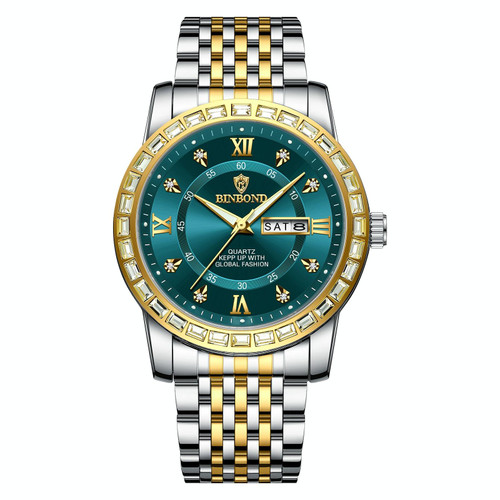 BINBOND B2202 Diamond Dual-calendar Luminous Quartz Watch, Color: Inter-gold-Green