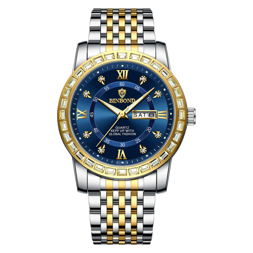 BINBOND B2202 Diamond Dual-calendar Luminous Quartz Watch, Color: Inter-gold-Blue